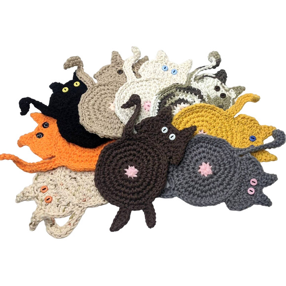 Hand Crafted Cat Butt Crochet Coasters Four Peeking Kitty Mug Rug Made to Order - Picture 1 of 14
